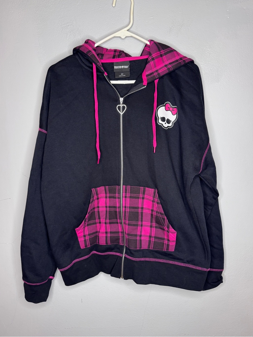 Monster High Black & Hot Pink Plaid Zip Hoodie with Skull Patch